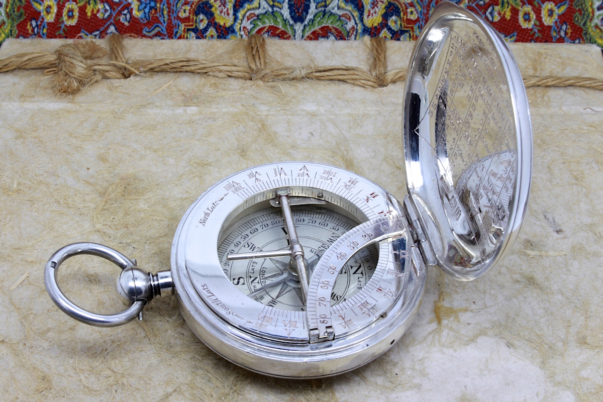 Antique Leather-Cased Silver Equinoctial Sundial Compass, Hallmarked London 1908