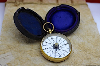  Victorian Leather-Cased Pocket Compass with Porcelain Dial, c. 1870