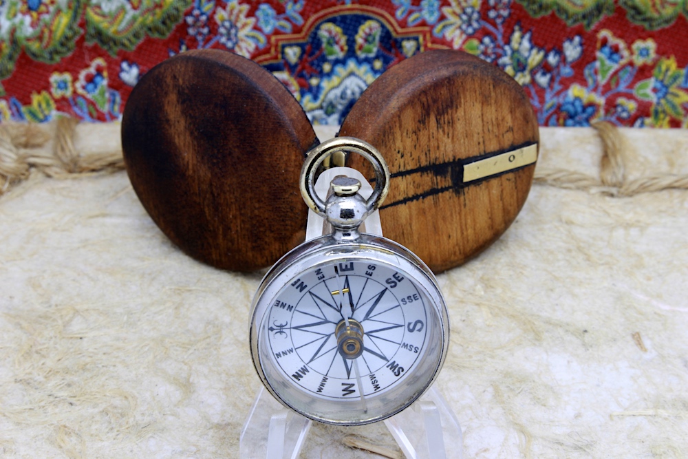 Victorian Wood-Cased Antique Compass with Porcelain Dial, c. 1860