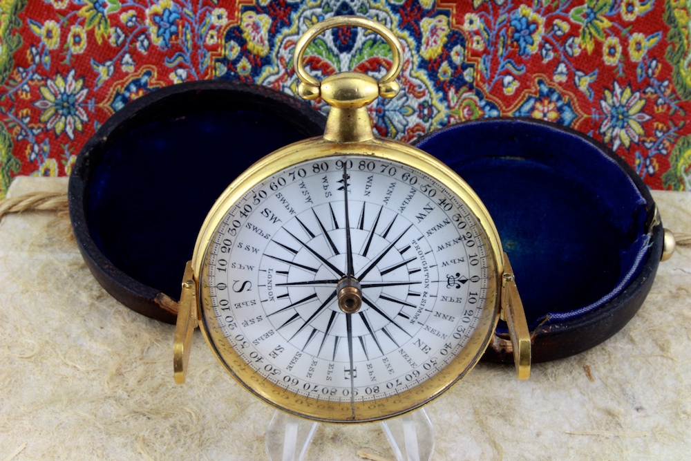 Antique Leather-Cased Troughton & Simms,  London Pocket Compass, c. 1820