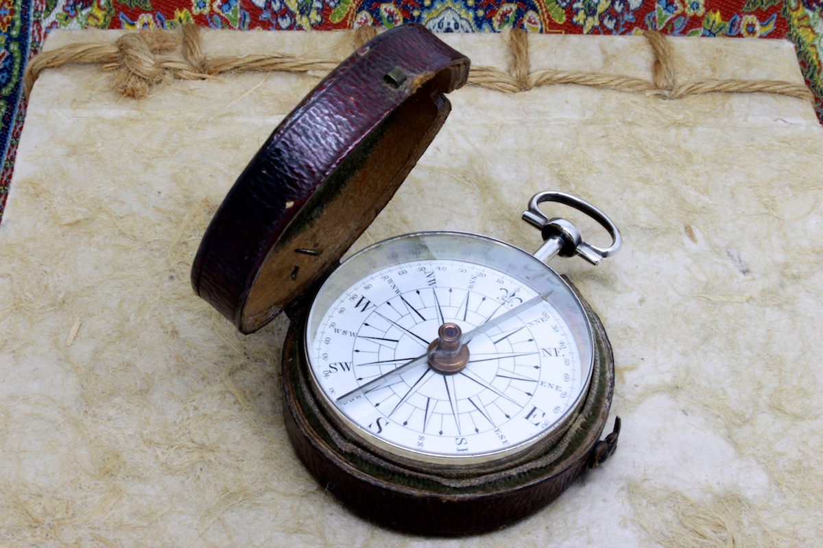 Georgian Leather Cased Long-Neck Silver Compass, Hallmarked London 1792