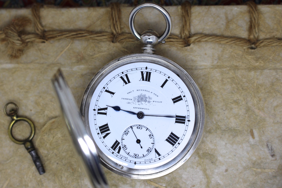 Sterling Silver Thomas Russell & Son Pocket Watch, Hallmarked 1919