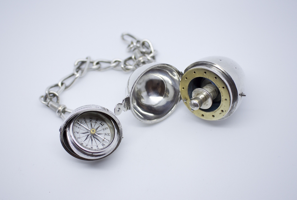 Silver Gimbaled Compass and Egg Bobbin, 1872 London Hallmarks