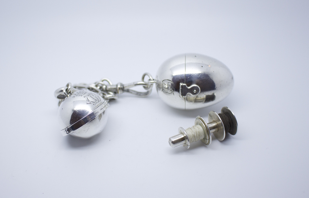 Silver Gimbaled Compass and Egg Bobbin, 1872 London Hallmarks