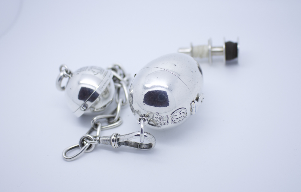 Silver Gimbaled Compass and Egg Bobbin, 1872 London Hallmarks