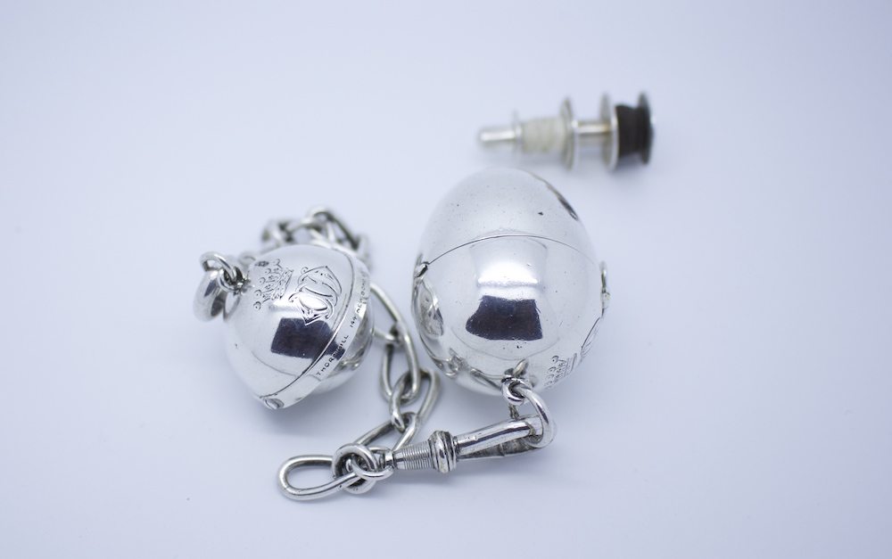 Silver Gimbaled Compass and Egg Bobbin, 1872 London Hallmarks