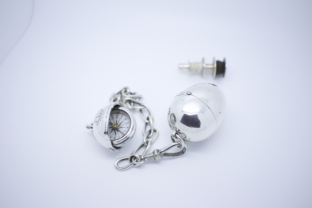 Silver Gimbaled Compass and Egg Bobbin, 1872 London Hallmarks