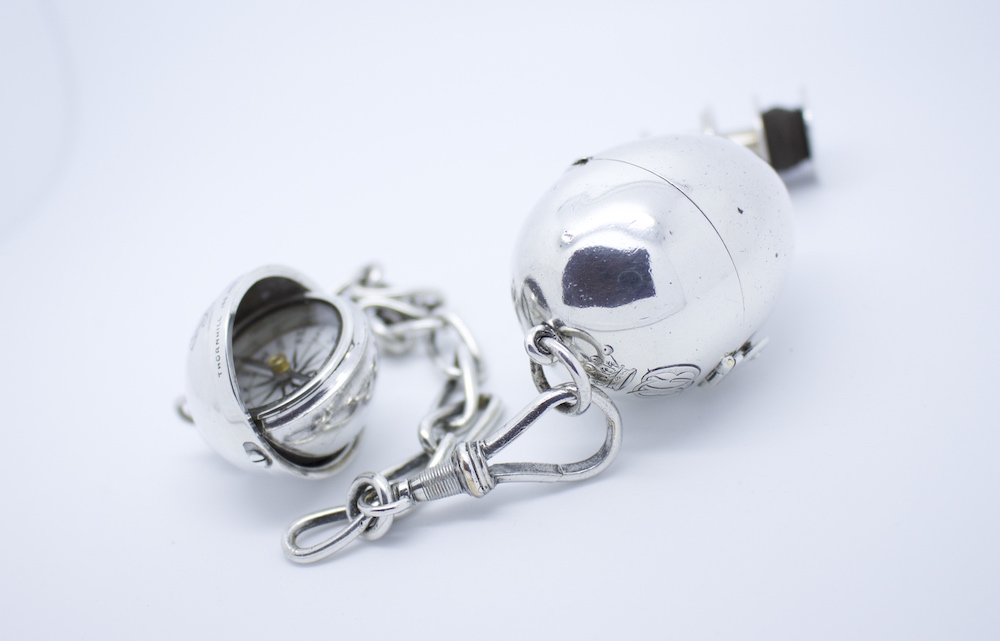 Silver Gimbaled Compass and Egg Bobbin, 1872 London Hallmarks