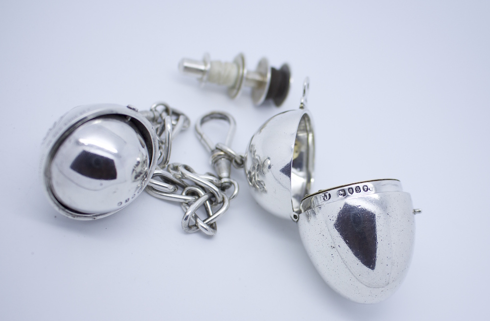 Silver Gimbaled Compass and Egg Bobbin, 1872 London Hallmarks