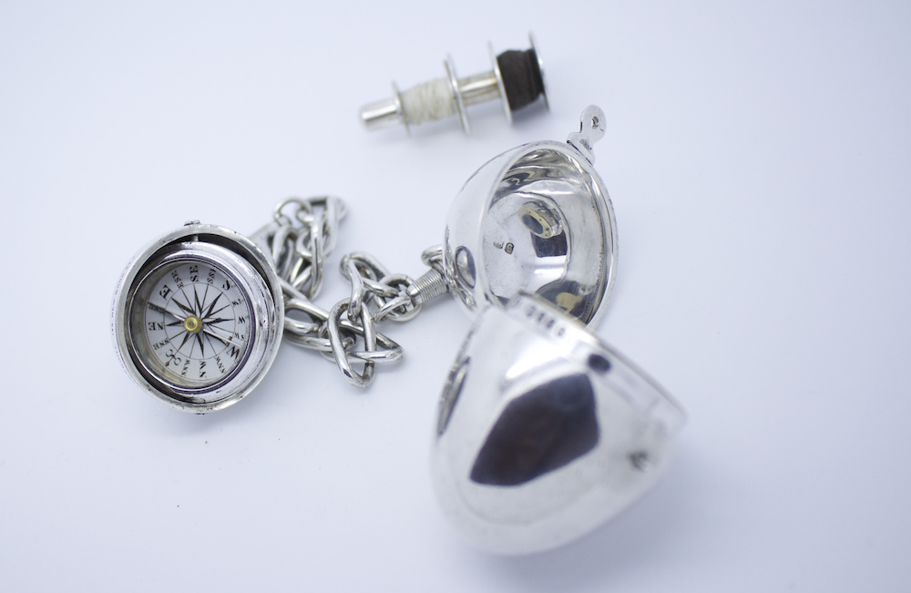 Silver Gimbaled Compass and Egg Bobbin, 1872 London Hallmarks