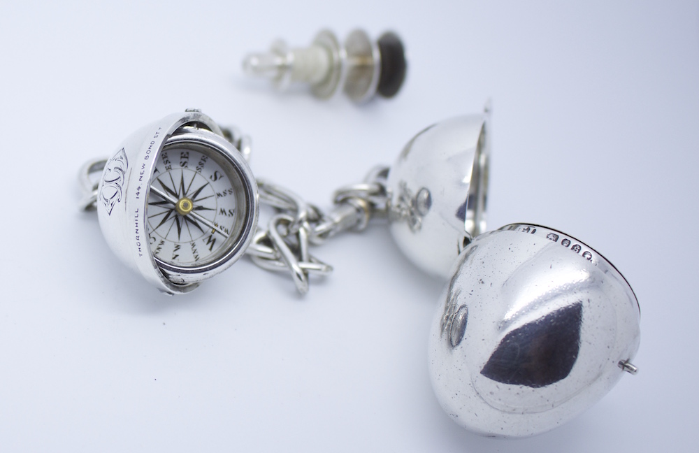 Silver Gimbaled Compass and Egg Bobbin, 1872 London Hallmarks