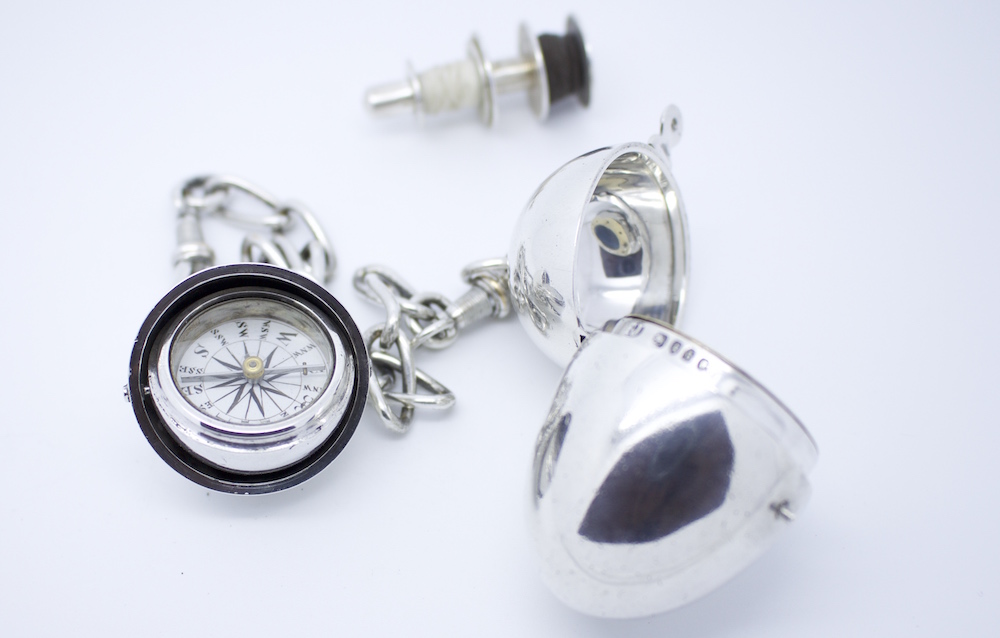 Silver Gimbaled Compass and Egg Bobbin, 1872 London Hallmarks