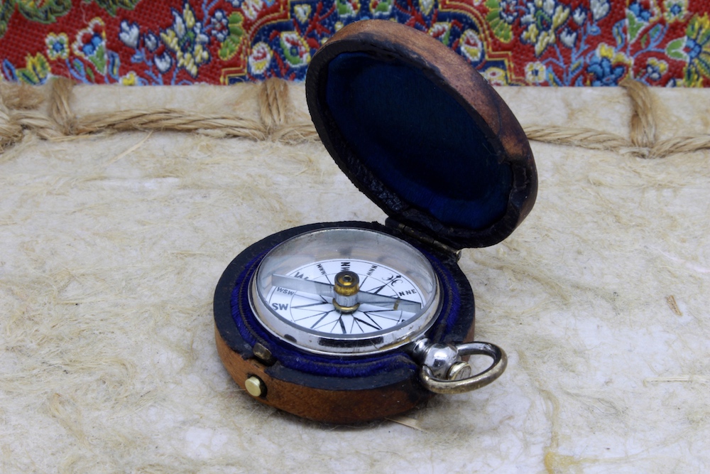 Victorian Wood-Cased Antique Compass with Porcelain Dial, c. 1860