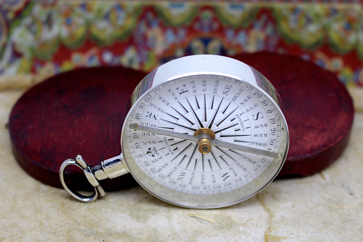 Georgian Leather-Cased Long-Neck Hallmarked Silver Compass by Dollond, London, 1836