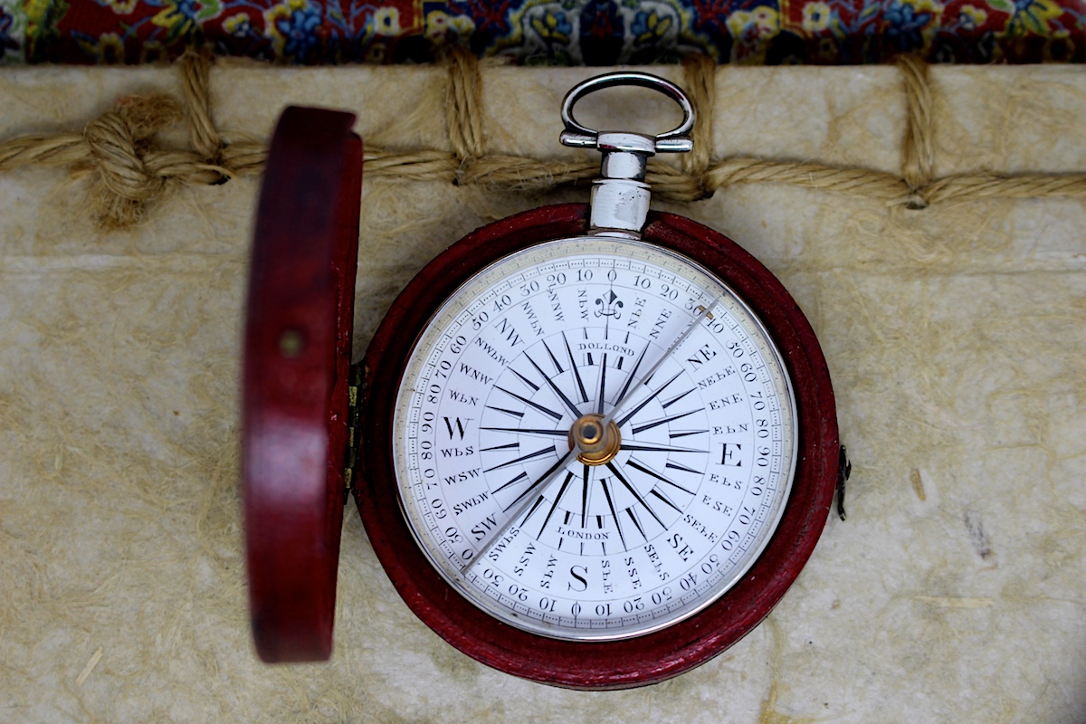 Georgian Leather-Cased Long-Neck Hallmarked Silver Compass by Dollond, London, 1836