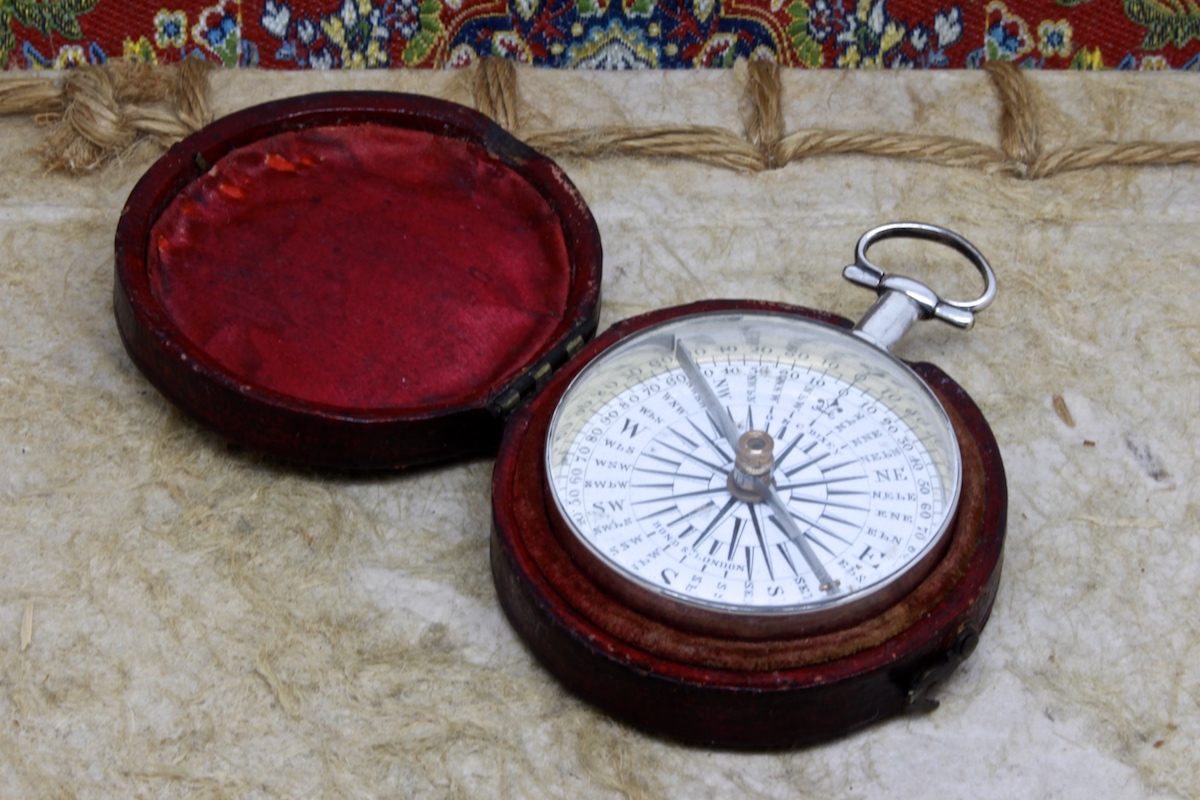 Georgian Leather-Cased Long-Neck Silver Compass by DIXEY, Hallmarks London, 1836
