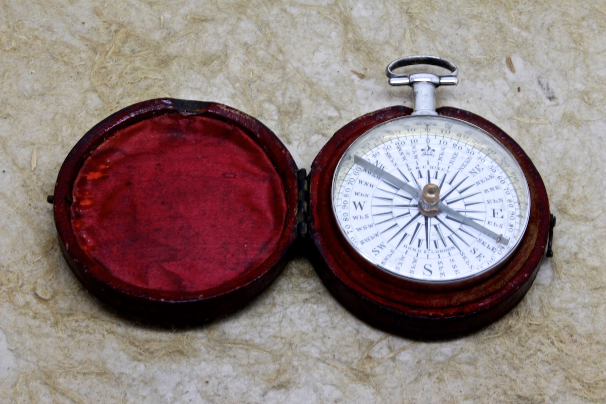 Georgian Leather-Cased Long-Neck Silver Compass by DIXEY, Hallmarks London, 1836