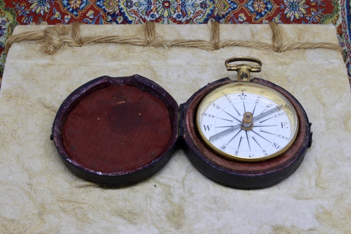 Georgian 12K Gold-Plated Long-Neck Leather-Cased Pocket Compass c. 1820